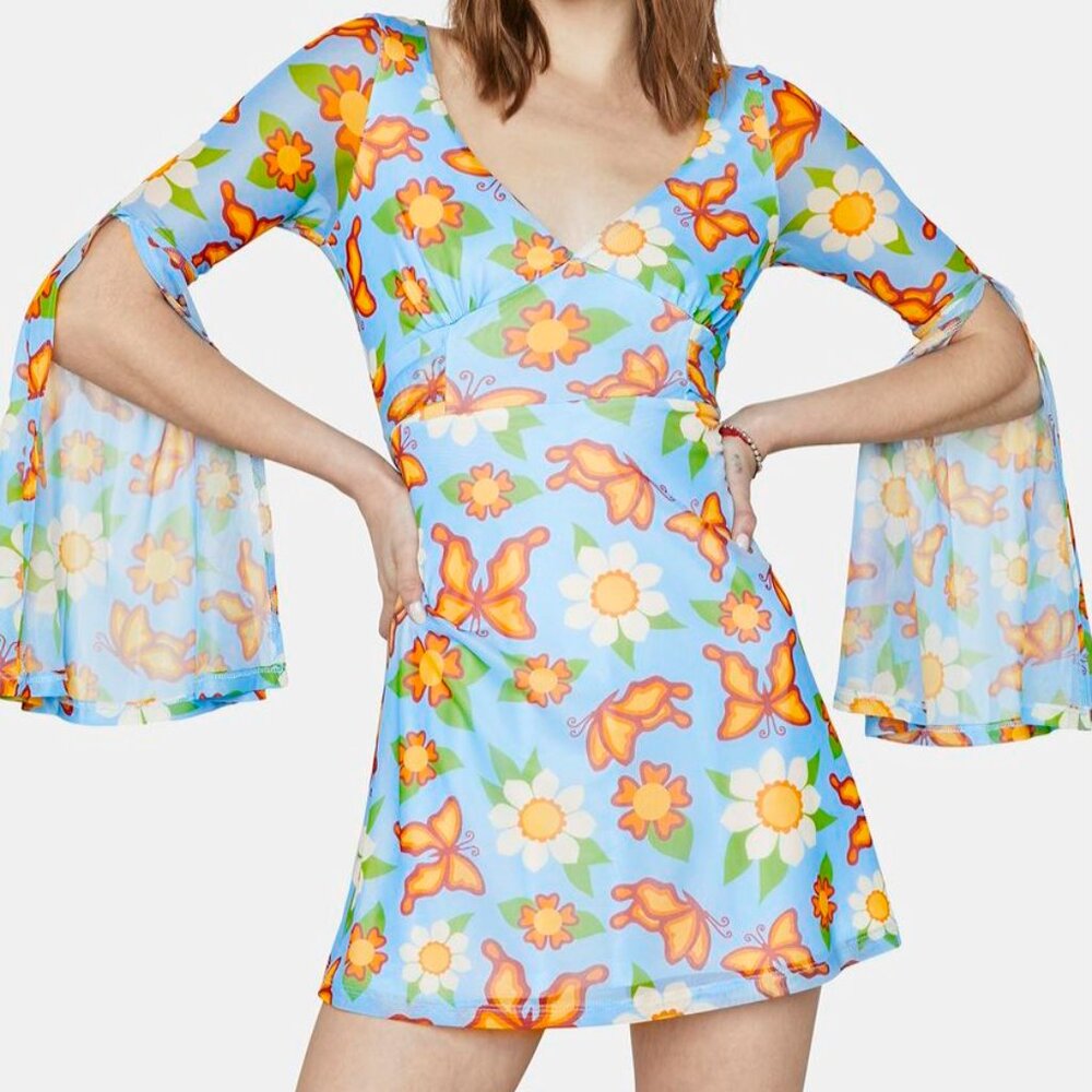 dELiA*s by Dolls Kill Small Mesh Bell Sleeve Babydoll Mini Dress - Picture 2 of 15